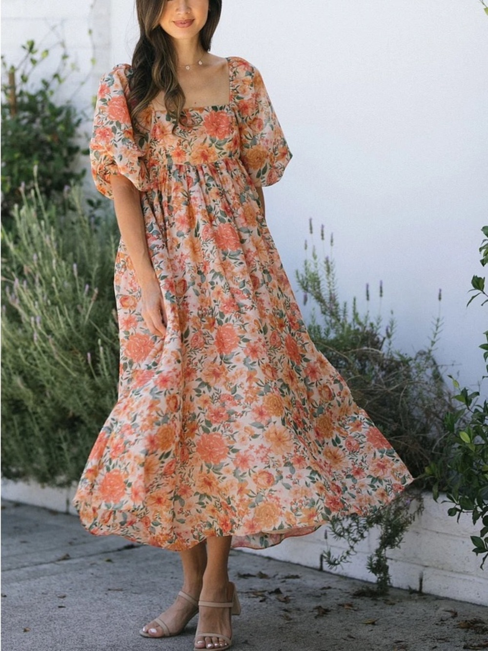 Storia Estelle babydoll maxi dress in orange tan shimmer floral size XS